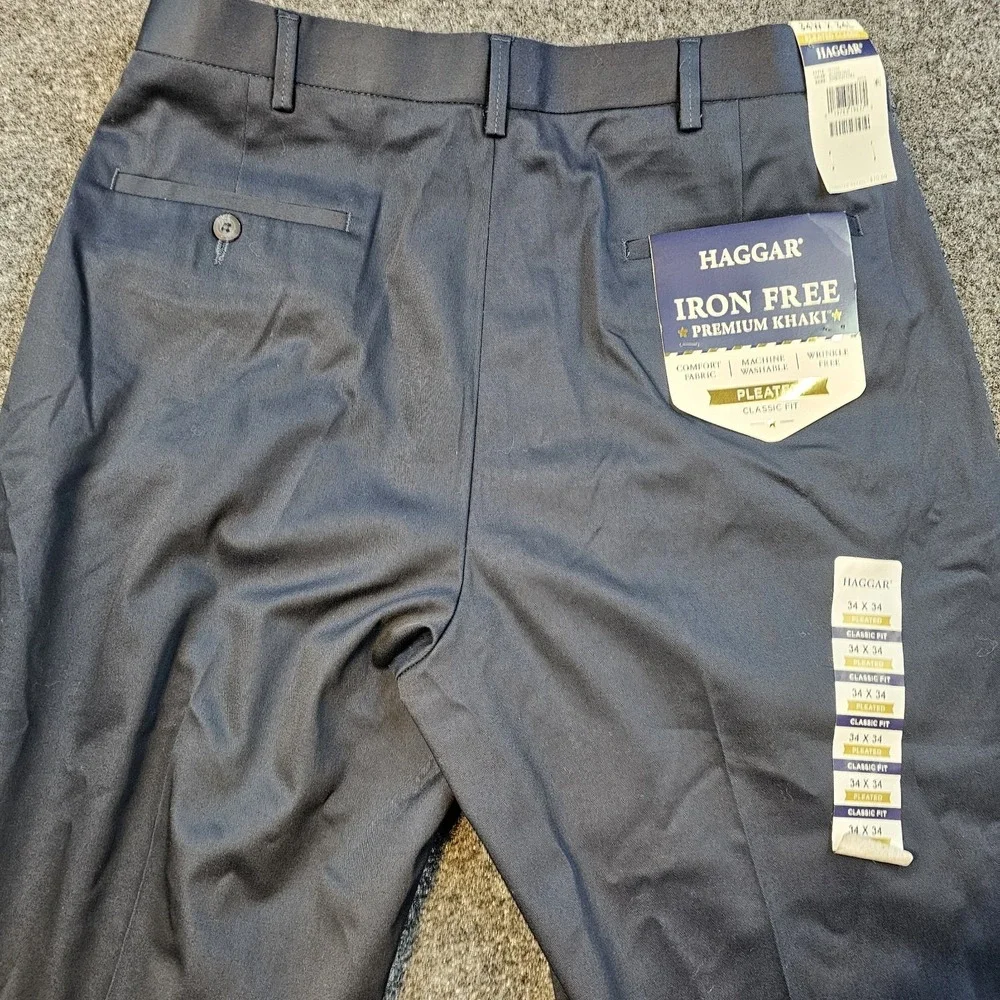 Haggar Iron Free Premium Khaki Pants Mens 34x34 Dark Navy Pleated Classic Fit St